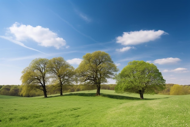 Four trees in a field with a blue sky and clouds