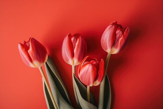 Four tulips on a red background