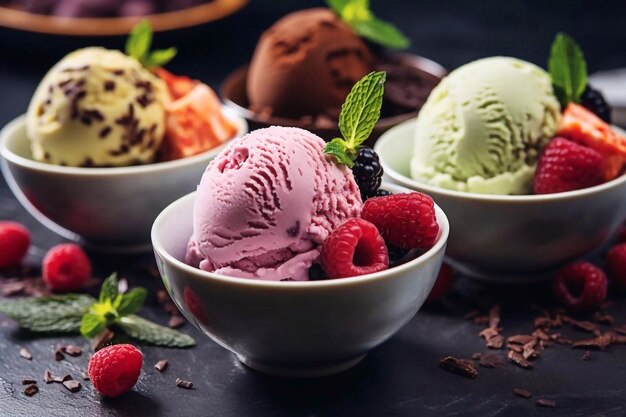 Four types of delicious ice cream in small glass ceramic bowls