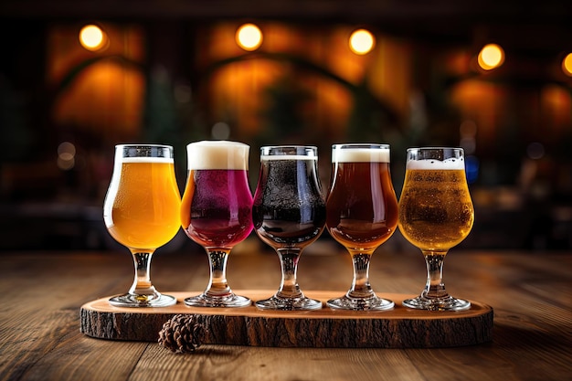 Four unique craft beer glasses on a wooden table during a tasting