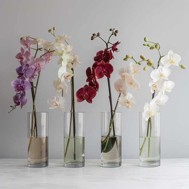 Four vases of orchids are lined up on a table.