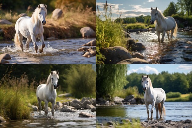 four very beautiful and dashing white horses