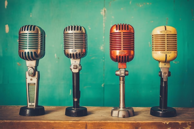 Four vintage microphones on a wooden table