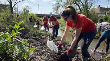 Photo four volunteers remove invasive plants from a riverbank to help restore the ecosystem