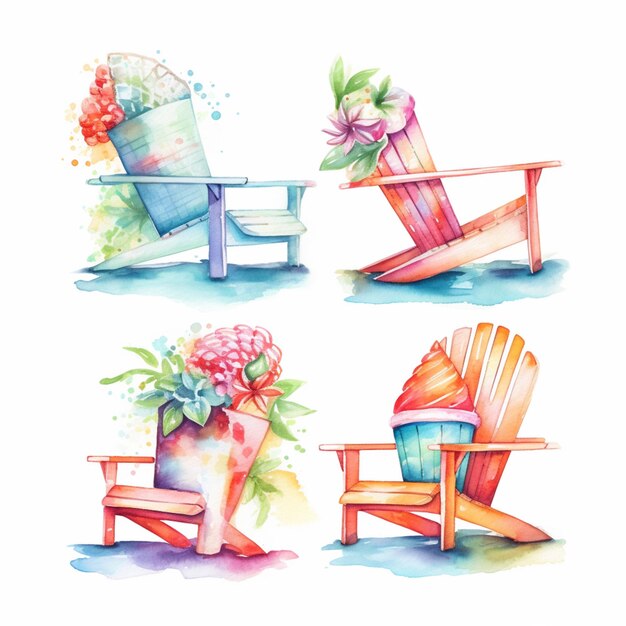 four watercolor illustrations of chairs and flowers on a white background generative ai