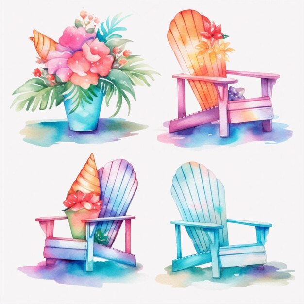 four watercolor illustrations of colorful chairs and flowers generative ai