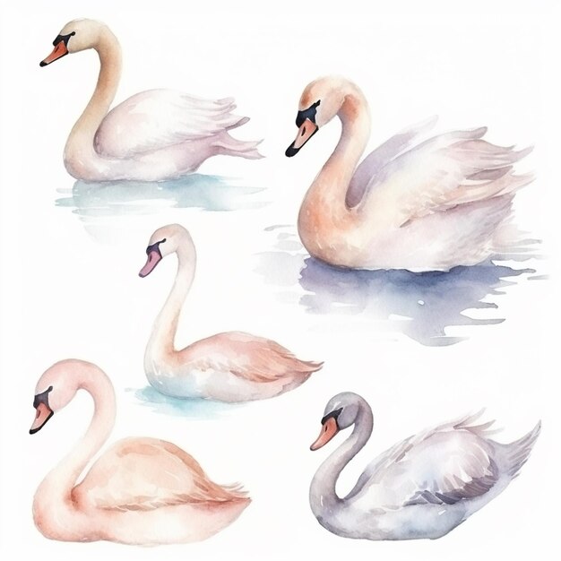 four watercolor swans swimming in a pond with one white swan generative ai