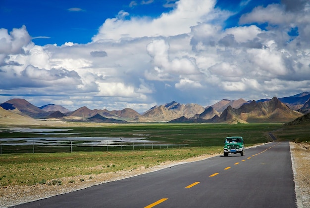 Four wheel drive on a road in Tibet