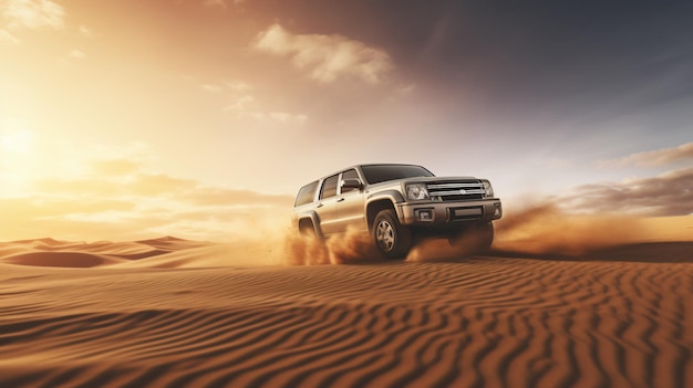 Четырехколесный внедорожник едет по дюнам в песчаной пустыне