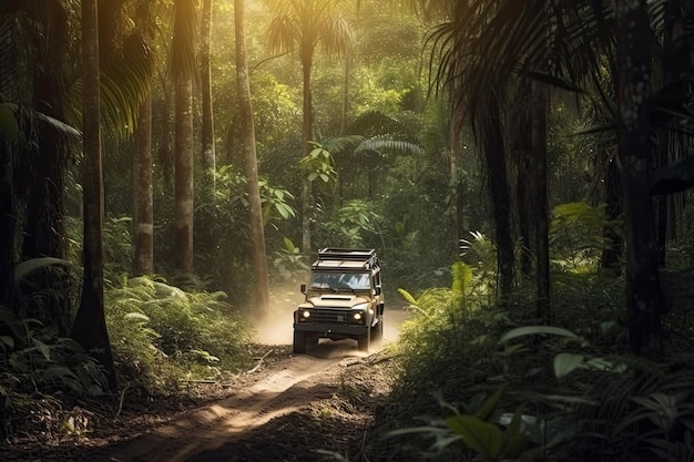 Four wheel drive SUV is driving on muddy road in jungle Jeep on safari Created with Generative AI