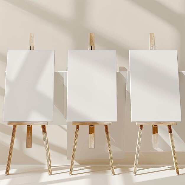 four white canvases are lined up on a wall