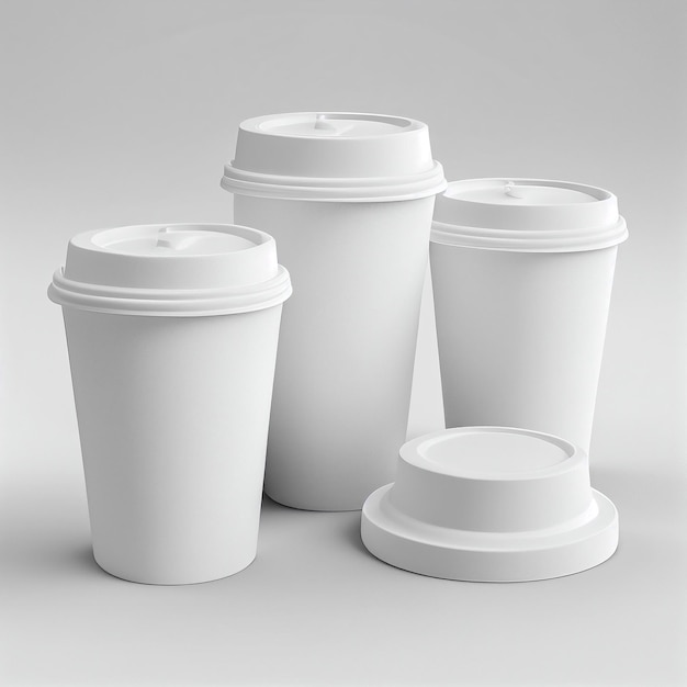 Four white coffee cups with one that says'coffee'on it