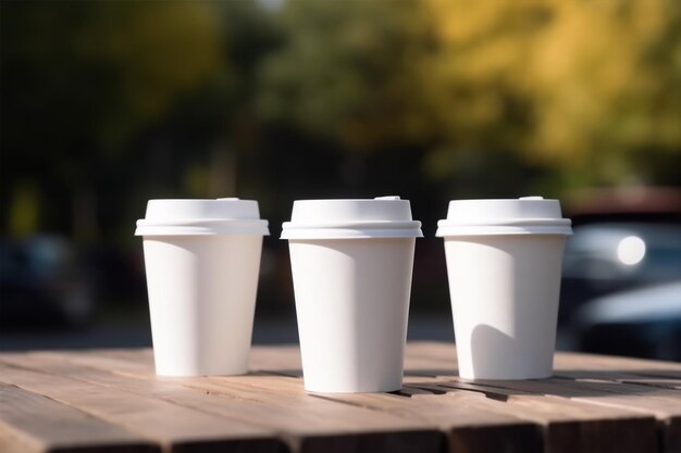 Four white cups of coffee on a table