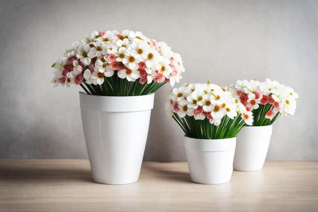 четыре белых цветочных горшка с цветами в них, которые имеют тот же цвет, что и цветы