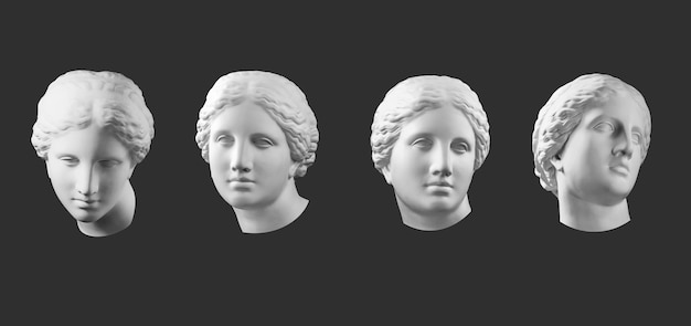 Foto quattro copie in gesso bianco dell'antica statua della testa di venere di milo per artisti isolati su sfondo nero. scultura in gesso di volto di donna.