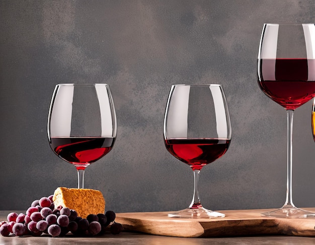 Four wine glasses with one being filled with red wine and the other being filled with cheese.