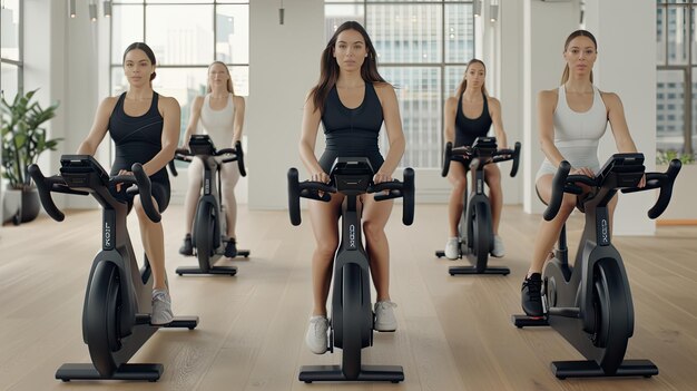 Photo four women are participating in a cycling class riding stationary bikes in a modern studio with large windows