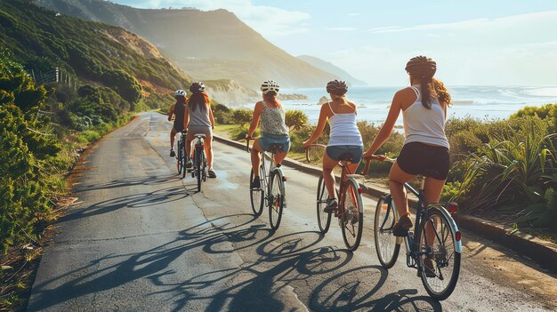 写真 4人の女性が沿岸道路に沿って自転車に乗っています彼らはヘルメットとカジュアルな服を着ています