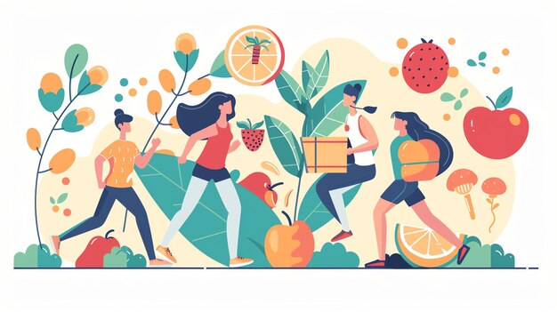 Photo four women are running or carrying boxes surrounded by fruits and vegetables