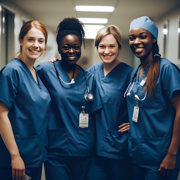 Photo four women in blue scrubs are posing for a photo.