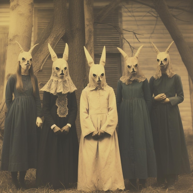 토끼 마스크를 입은 네 명의 여성들이 나무 앞에 서 있습니다.