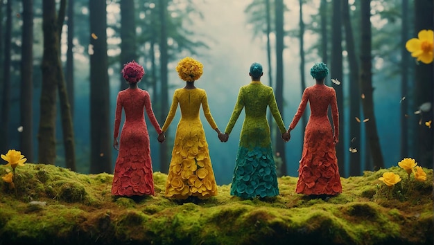 Four women in colorful dresses holding hands in a forest