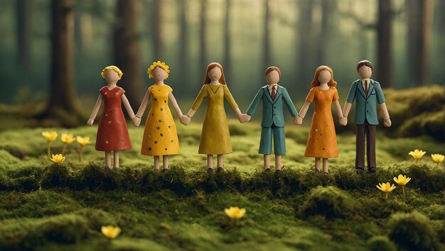 Four women in colorful dresses holding hands in a forest