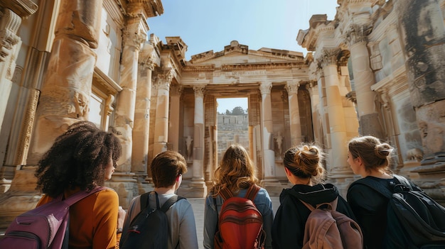그리스 성전의 고대 유적지를 탐험하는 네 명의 여성은 모두 배을 입고 인상적인 건축물을 경외심으로 둘러보고 있습니다.