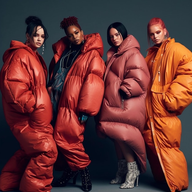 Four women in orange and red puffers stand in a group.