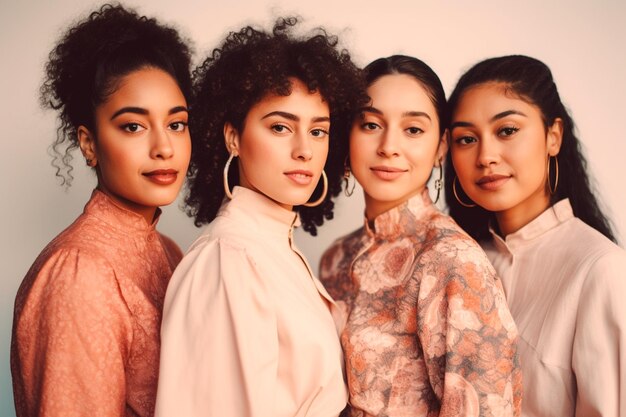 Four women in pink dresses stand in a row, one of them has a pink shirt that says'love is in the air '