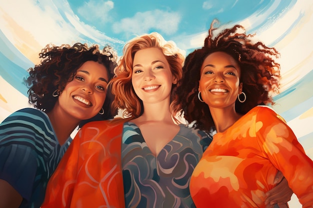 four women pose in a beach in the style of bold curves lowangle joyful and optimistic multicultural close up