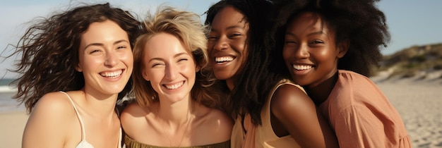 four women pose in a beach in the style of bold curves lowangle joyful and optimistic multicultural close up