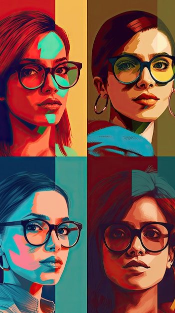 Четыре женщины в уникальных очках на красочных иллюстрациях