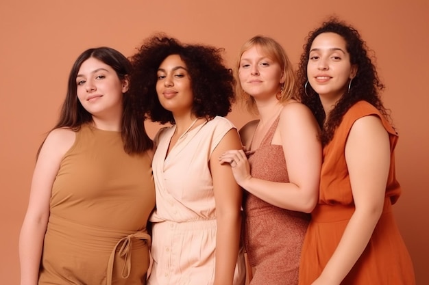 Four women stand in a row, one of them is wearing a brown dress.