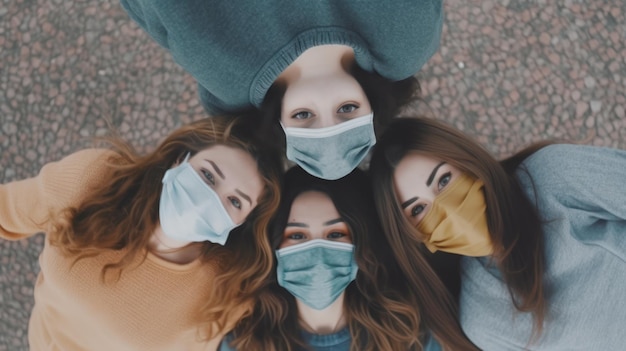 Four women wearing masks, one wearing a hoodie and the other wearing a hoodie.