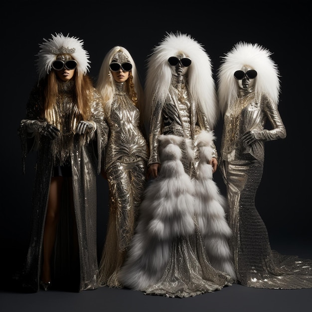 Photo four women wearing silver dresses and one has a fur coat on it.