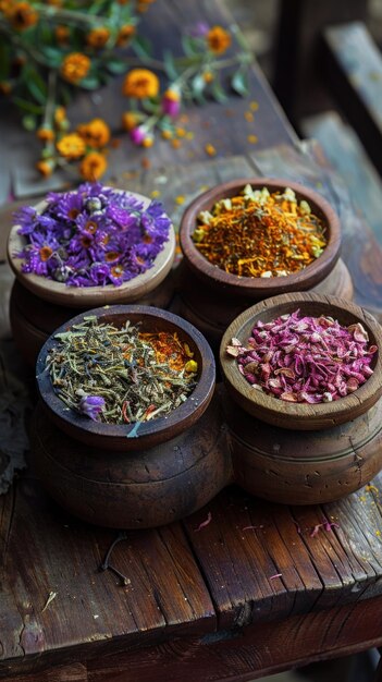 Four Wooden Bowls Filled With Different Types of Flowers