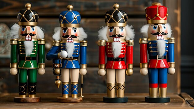 Photo four wooden nutcrackers in green blue red and blue uniforms stand at attention on a wooden table