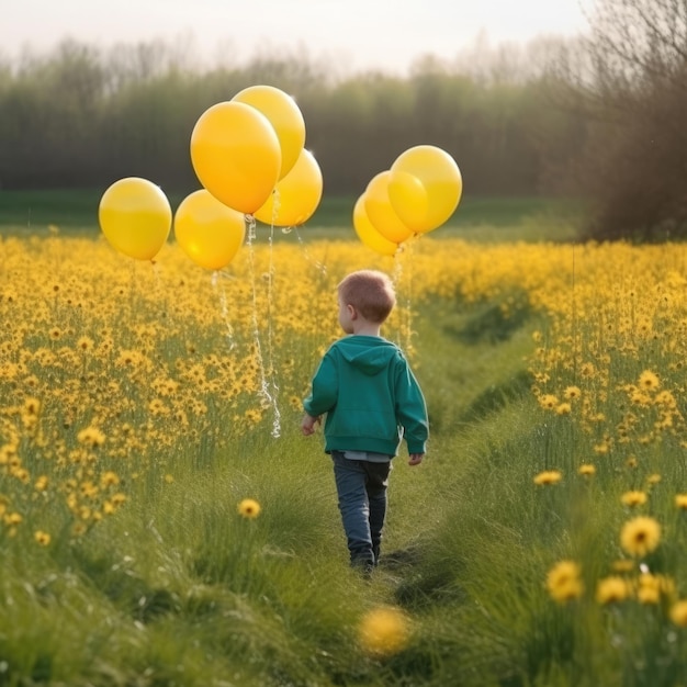 Four year old boy with balloons walks in a green meadow