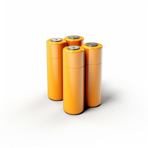 four yellow batteries for charging on white background