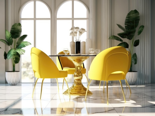 Four yellow dining chairs and gold table legs in the dining room with white walls and marble floors windows allow light from outside Generative AI