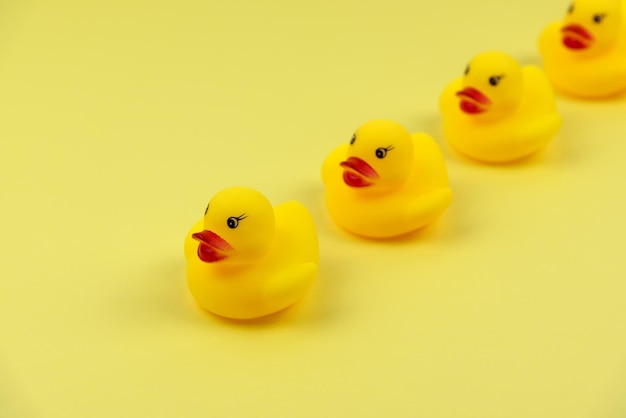 Four yellow rubber duck on yellow background
