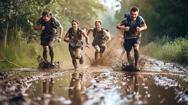 Foto quattro giovani adulti stanno correndo attraverso una pista di ostacoli fangosa sono tutti coperti di fango e sembrano divertirsi molto