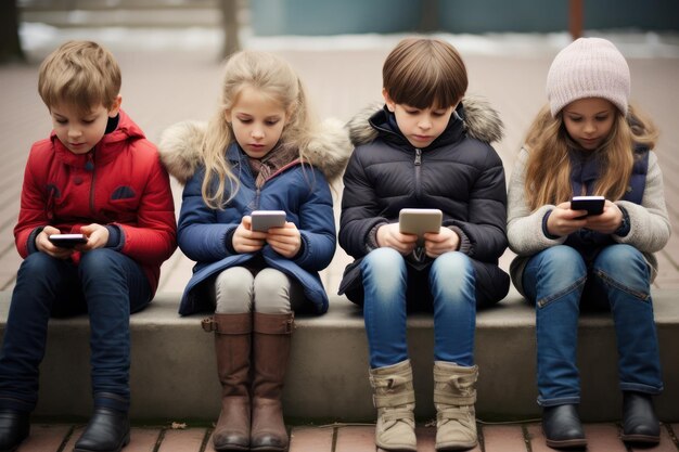 スマートフォンに没頭した4人の幼い子供たちが冬の服を着てベンチに隣り合わせて座っています