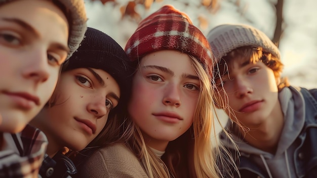 写真 冬の帽子をかぶった4人の若い友達が写真を撮るポーズをとっています彼らはみんな笑顔でカメラを見ています背景は木や葉のぼんやりです
