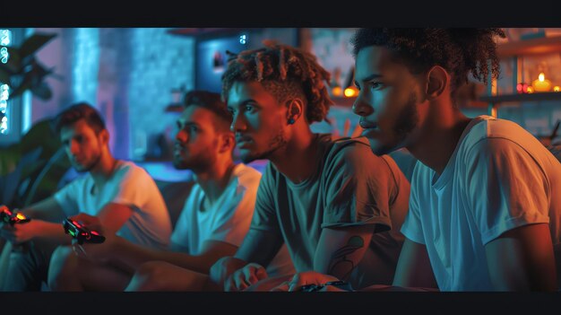 Photo four young men sit on a couch in a dimly lit room playing video games the men are all wearing casual clothes and are focused on the game