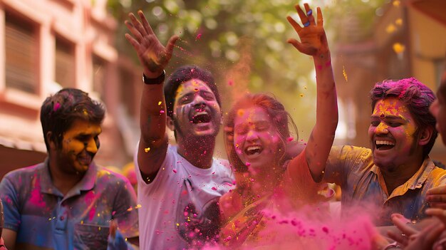 Photo four young people are celebrating the hindu holiday holi they are throwing colorful powder at each other and laughing