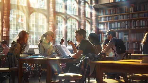 Four young people are sitting at a table in a library They are all looking at a book that is open on the table