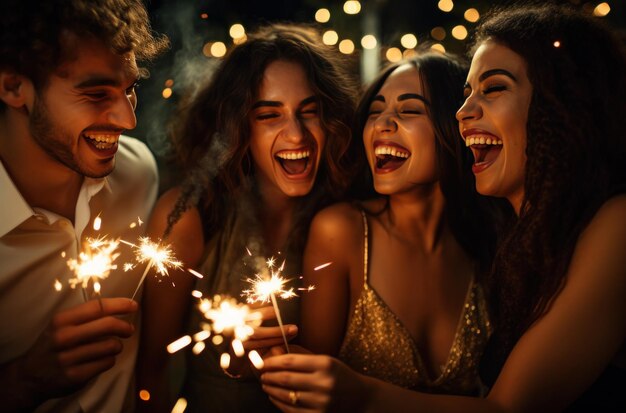 Four young people holding sparklers on a club