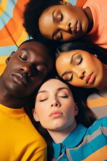 Four young people in a relaxed pose heads resting together eyes closed conveying a